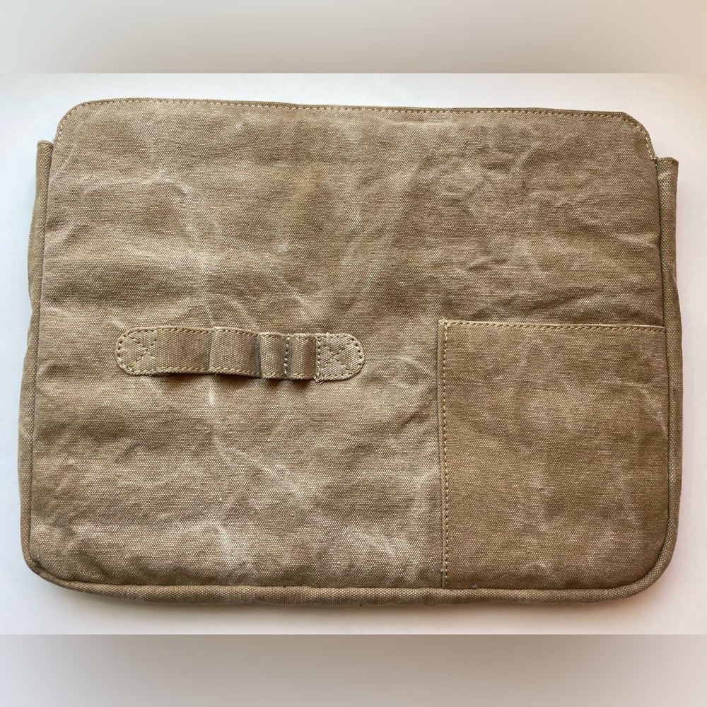 Mona B upcycled tan canvas laptop bag.